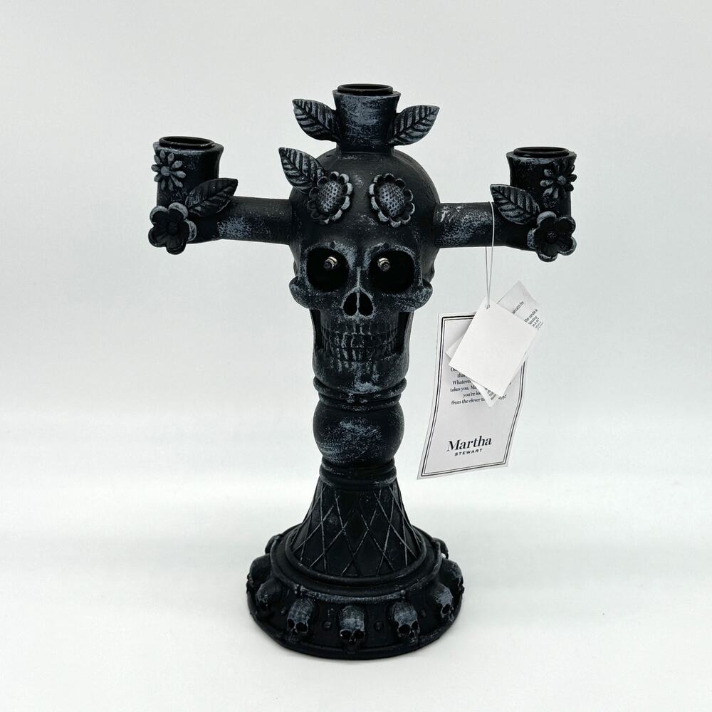 Martha Stewart Black Skull Candle Holder Candelabra LED Eyes Halloween Gothic